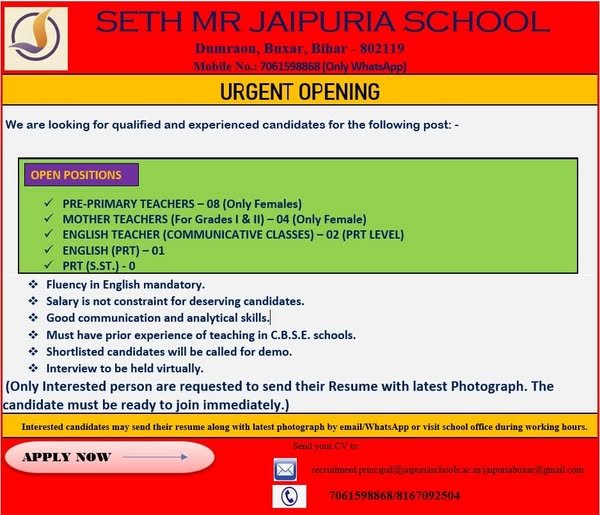 School Jobs at  Seth MR Jaipuria School ,  Buxar