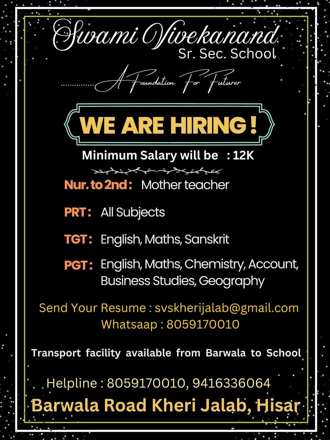 School Jobs at  Openings at Swami Vivekanand Sr. Sec. School ,  Hisar