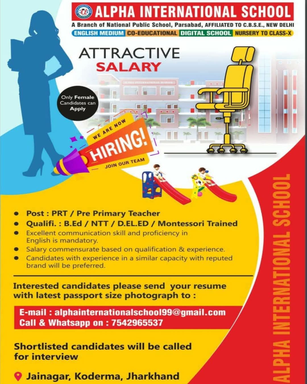 School Jobs at  Alpha International School Jainagar, Koderma, Jharkhand ,  Koderma