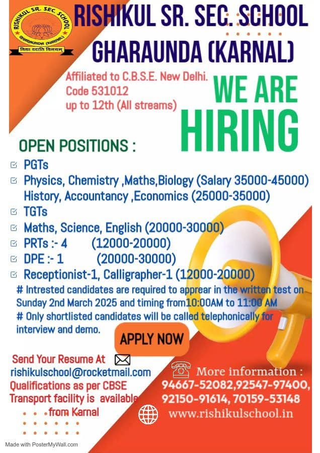 School Jobs at  Rishikul Sr. Sec. School, Gharaunda, Haryana ,  Karnal