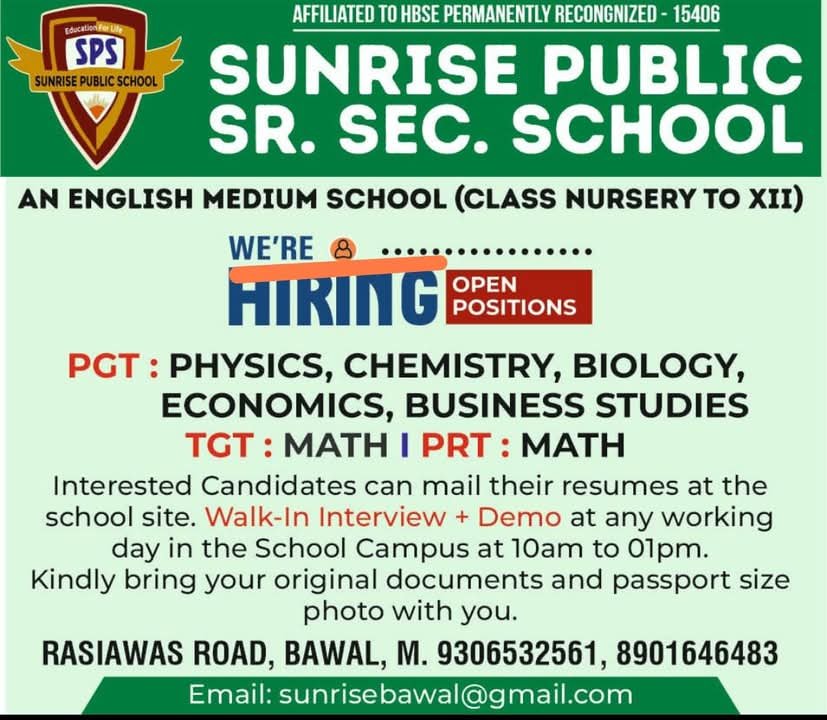 School Jobs at  Sunrise Public Sr. Sec. School, Bawal, Haryana ,  Mahendragarh