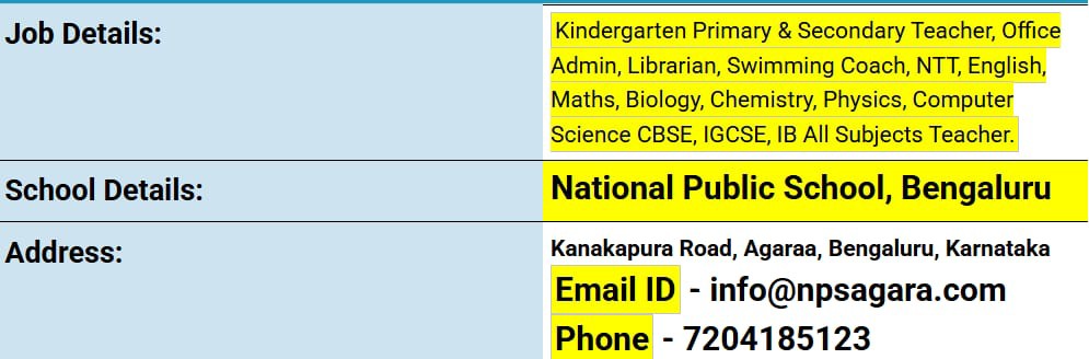 School Jobs at  National Public School, Bengaluru, Karnataka  ,  Bengaluru (Bangalore) Urban