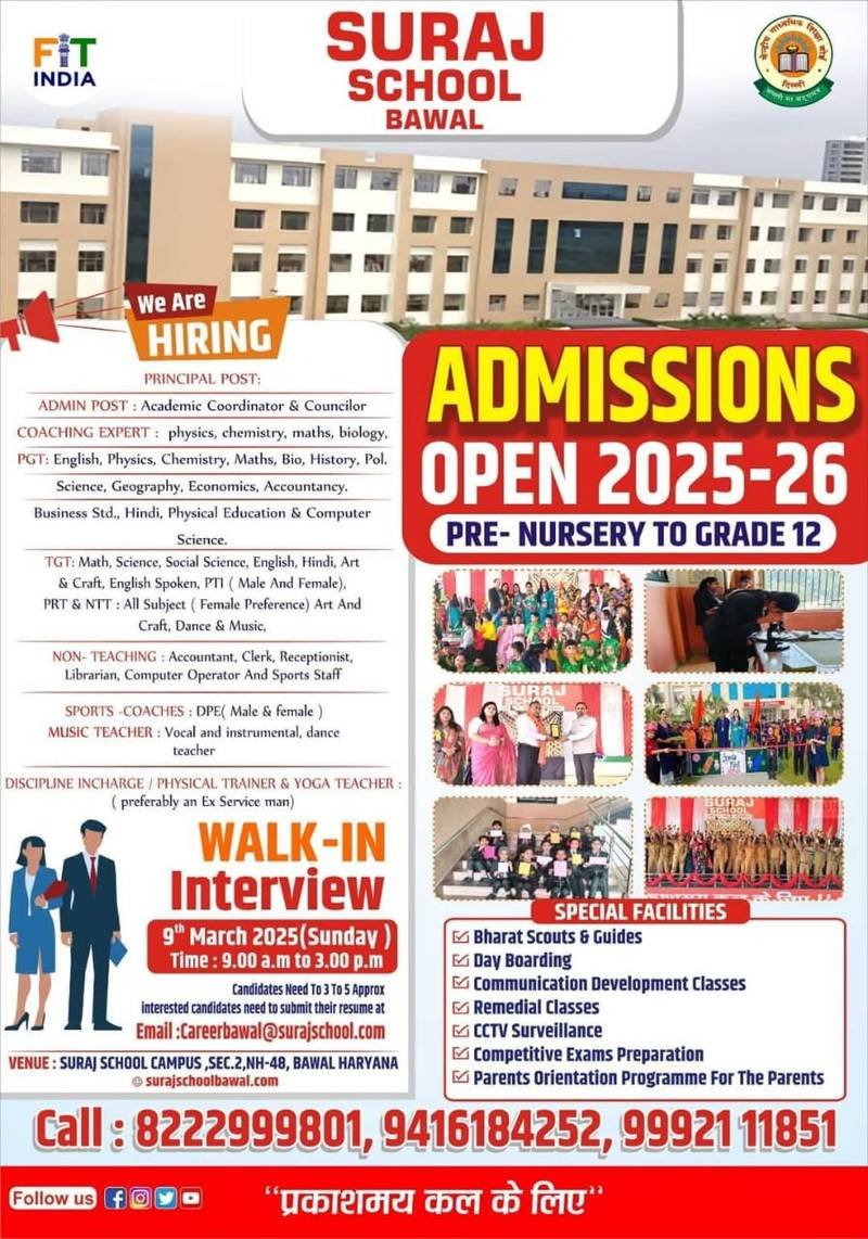 School Jobs at  Suraj School Campus, Bawal, Haryana ,  Rewari
