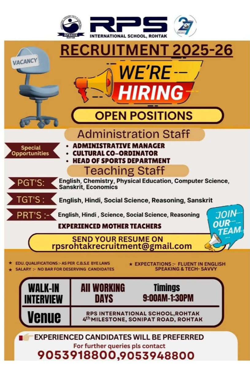School Jobs at  RPS International School, Sonipat Road, Rohtak, Haryana  ,  Rohtak