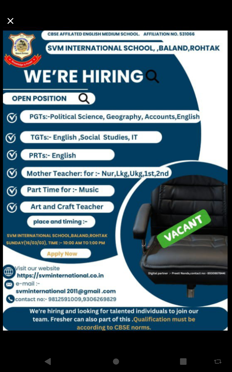 School Jobs at  SVM International School, Baland, Rohtak, Haryana  ,  Rohtak