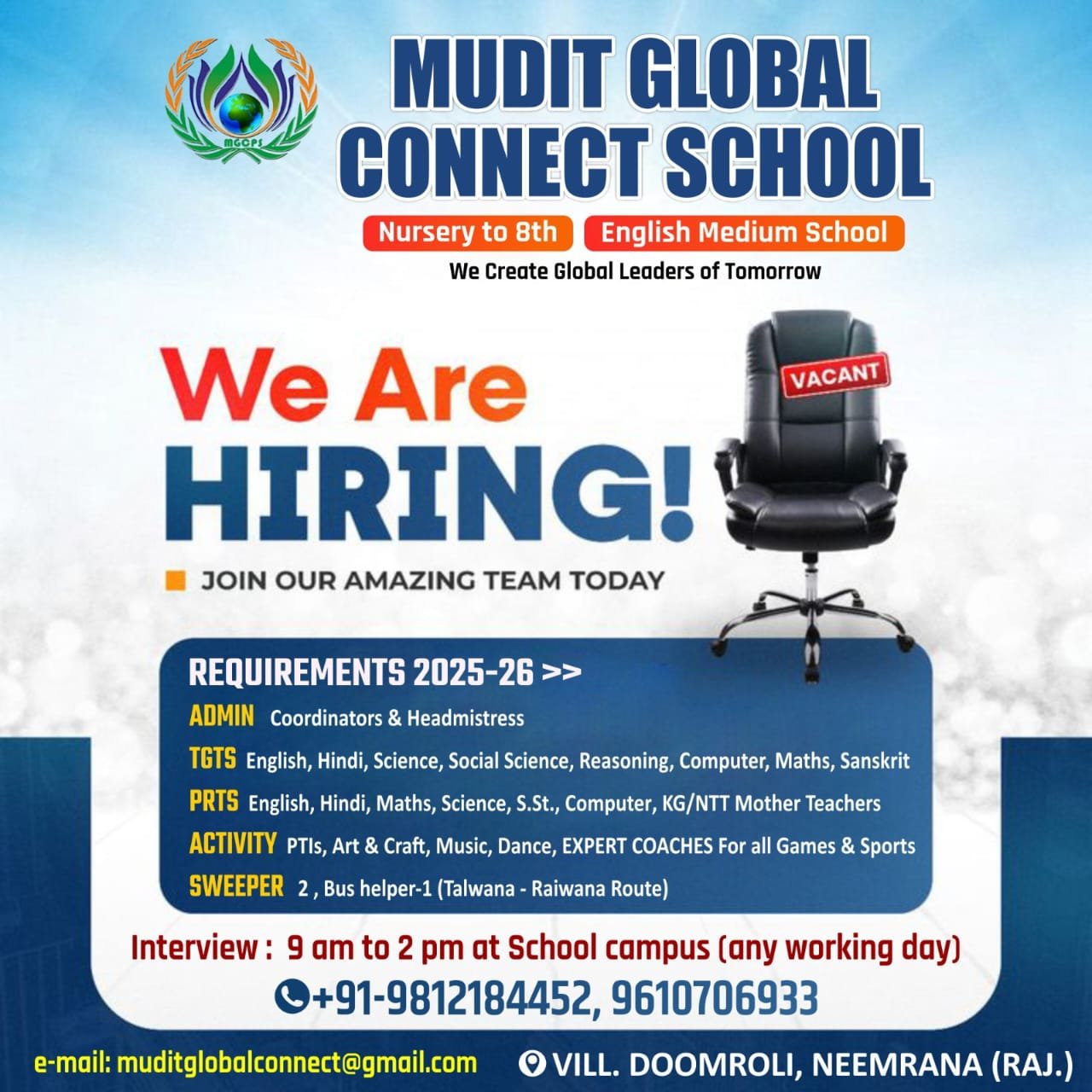School Jobs at  Mudit Global Connect School  ,  Alwar