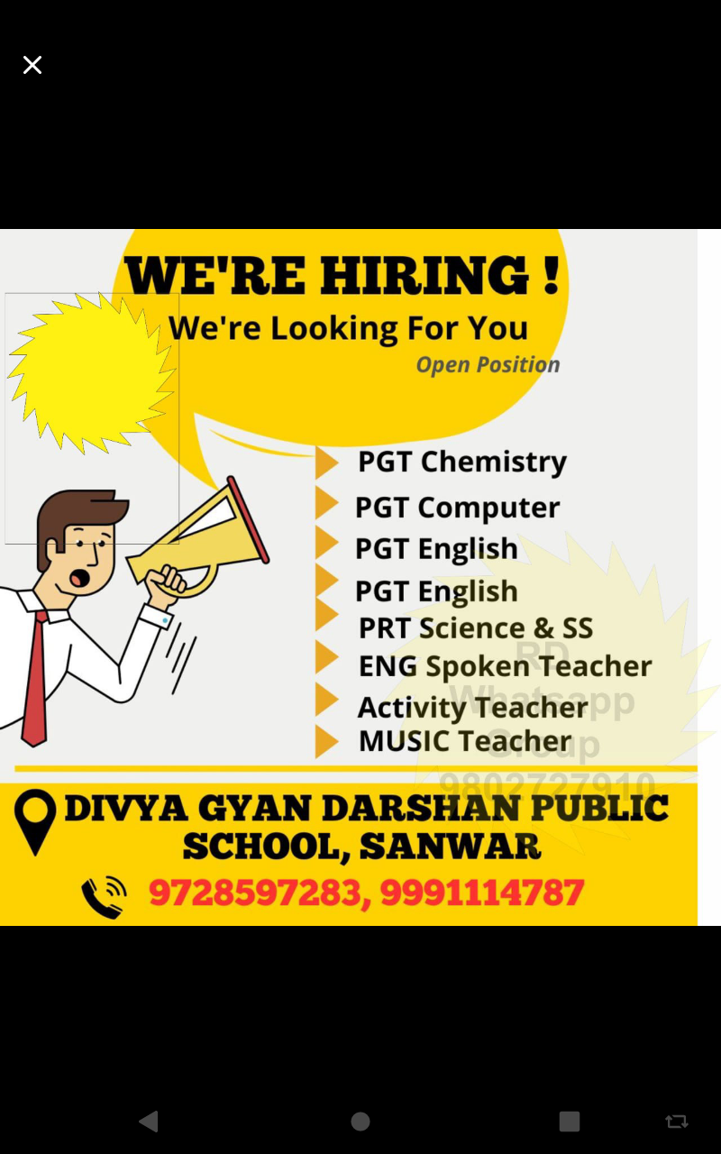 School Jobs at  Divya Gyan Darshan Public School, Sanwar,Haryana  ,  Charkhi Dadri