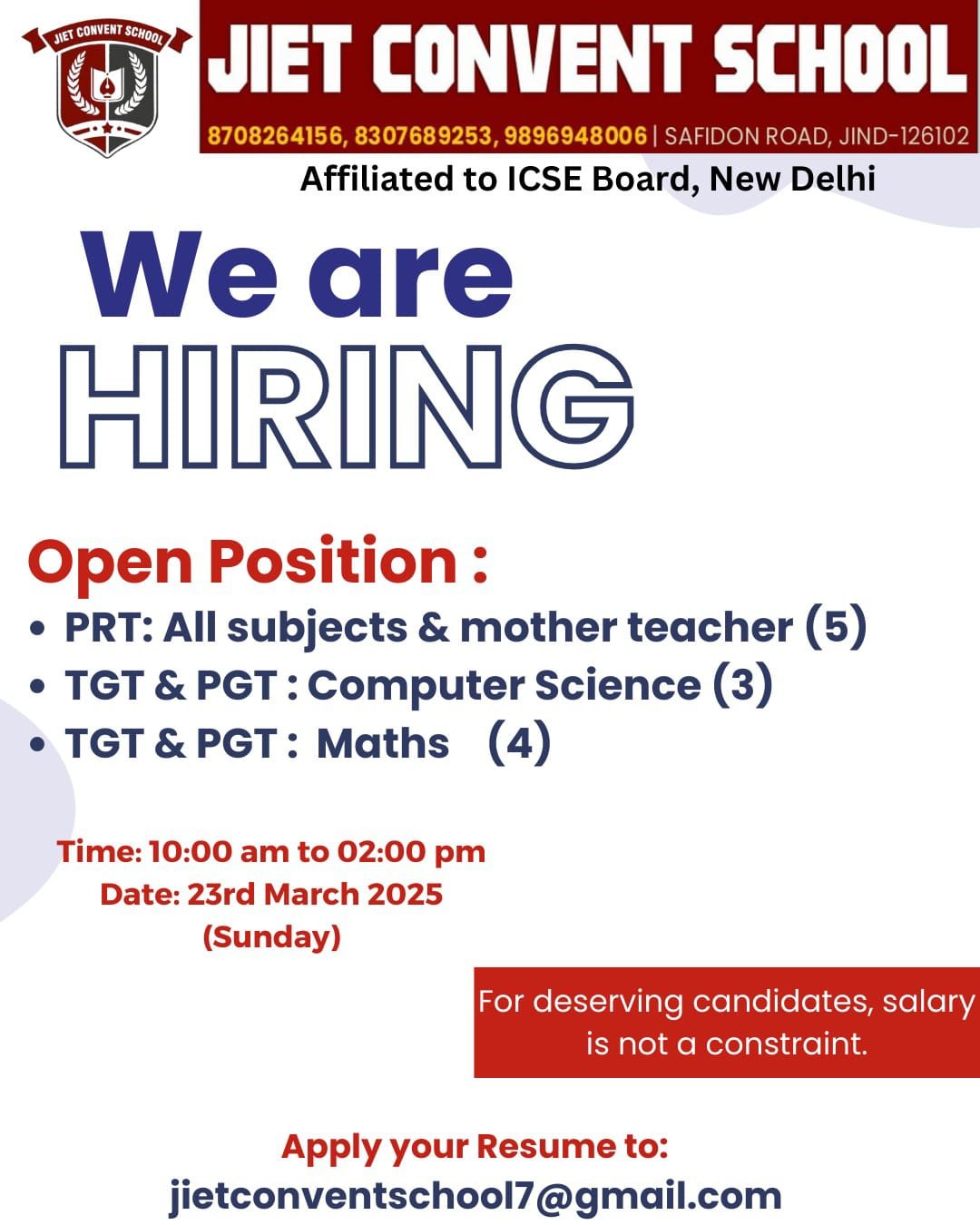 School Jobs at  JIET Convent School ,  Jind