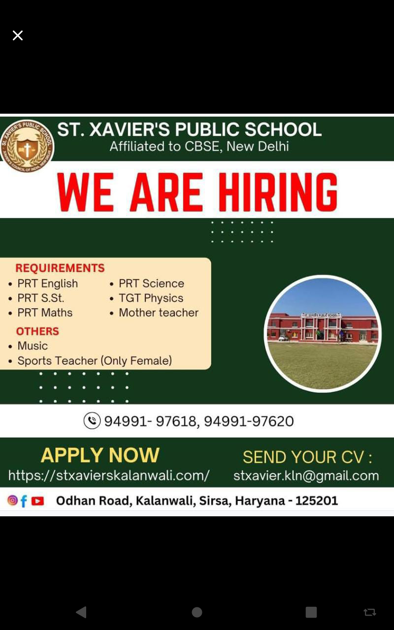 School Jobs at  St. Xavier’s Public School, Kalanwali, Sirsa,Haryana  ,  Sirsa