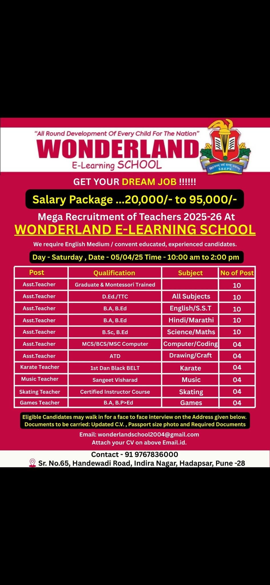 School Jobs at  Wonderland E-Learning School, Hadapsar, Pune,Maharashtra ,  Pune
