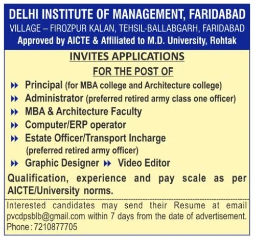 School Jobs at  Delhi Institute of Management ,  Faridabad