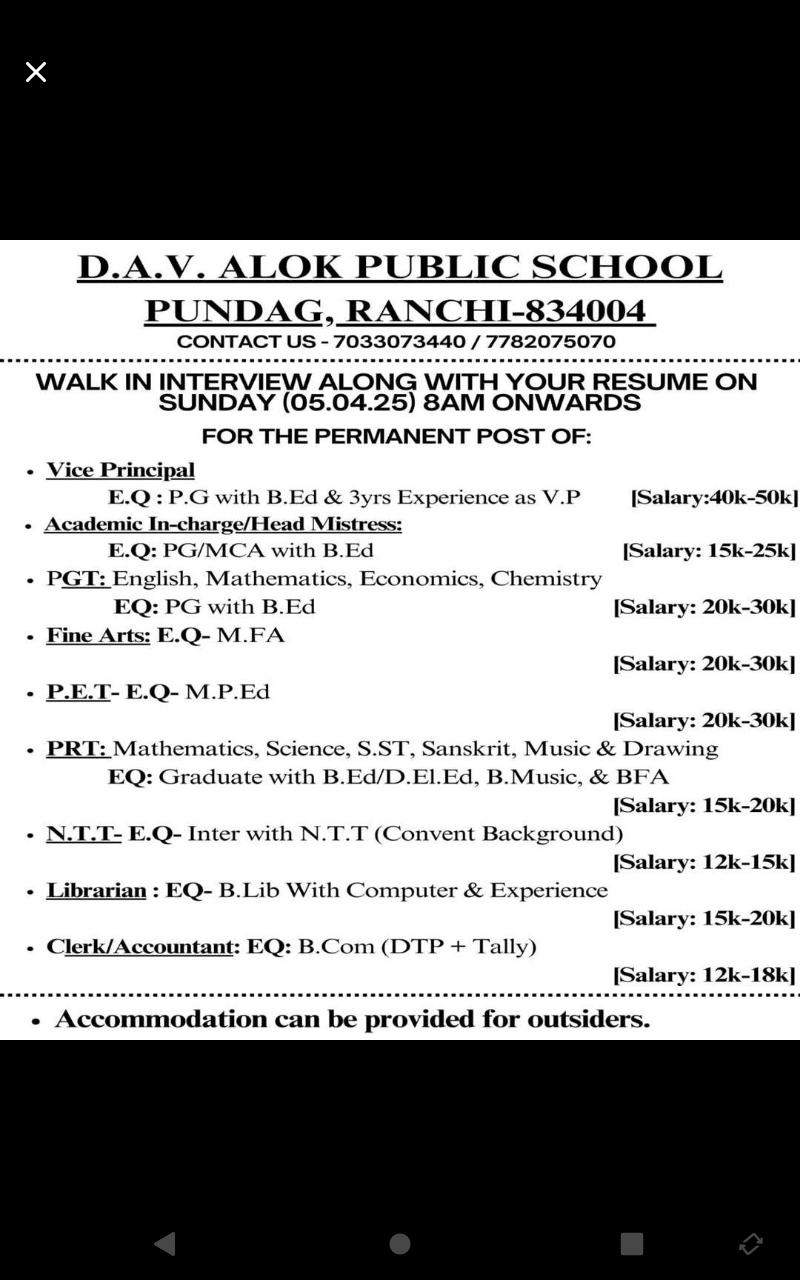School Jobs at  D.A.V. Alok Public School Pundag, Ranchi, Jharkhand  ,  Ranchi