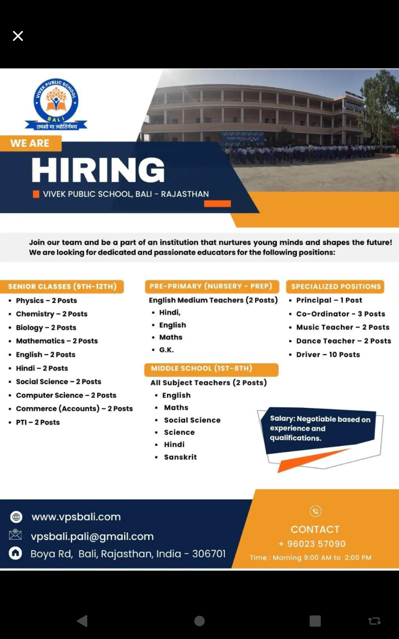 School Jobs at  Vivek Public School, Bali, Rajasthan ,  Pali