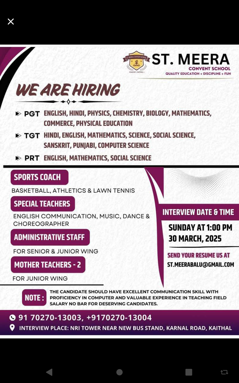 School Jobs at  St. Meera Convent School, Kaithal, Haryana ,  Kaithal