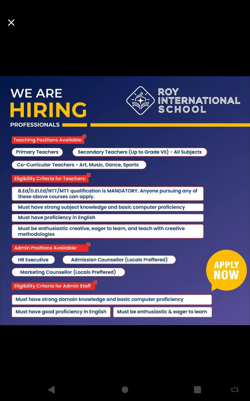 School Jobs at  Roy International School, Tupudana, Ranchi, Jharkhand ,  Ranchi
