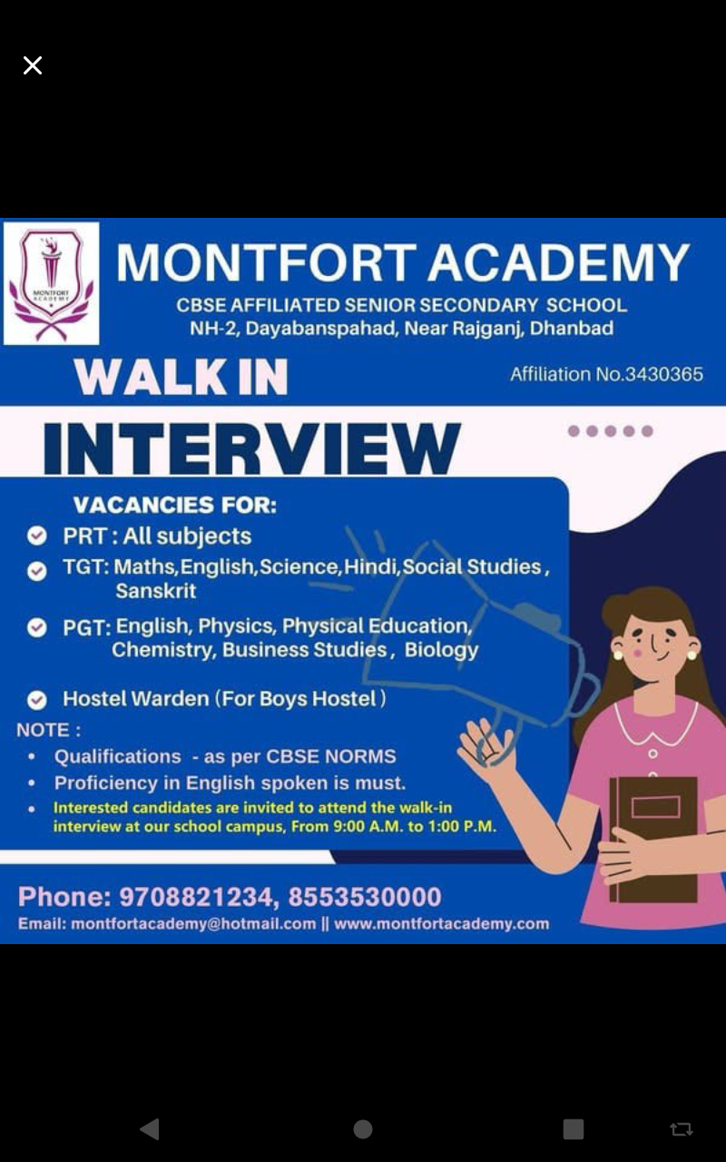 School Jobs at  Montfort Academy, near Rajganj, Dhanbad, Jharkhand  ,  Dhanbad