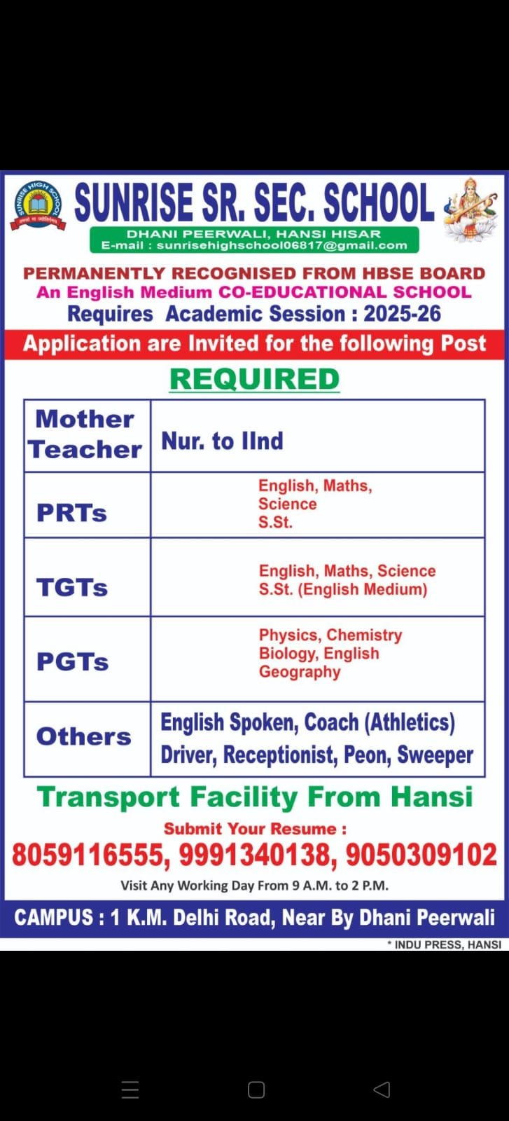 School Jobs at  Sunrise Sr. Sec. School  ,  Hisar