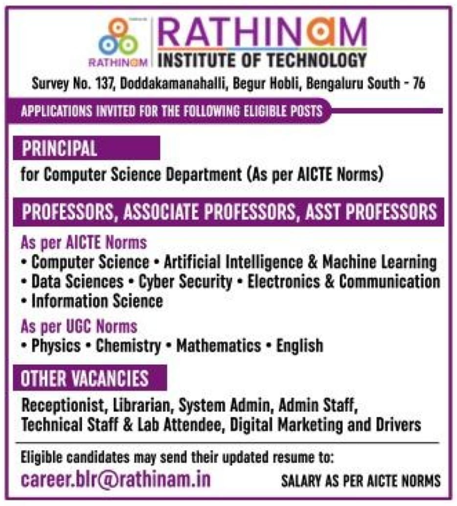 School Jobs at  Rathinam Institute of Technology, Bengaluru ,  Bengaluru (Bangalore) Rural