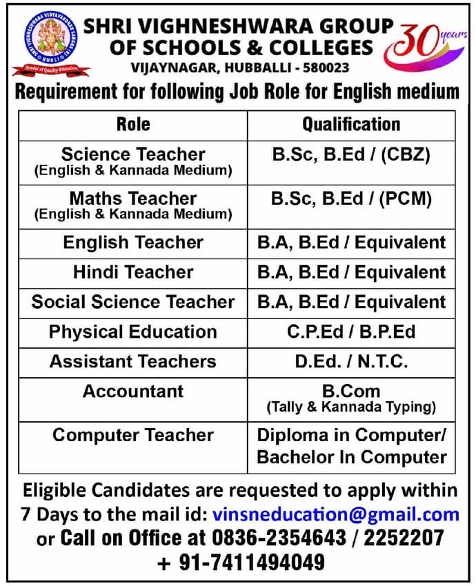 School Jobs at  Shri Vighneshwara Group of Schools & Colleges ,  Dharwad
