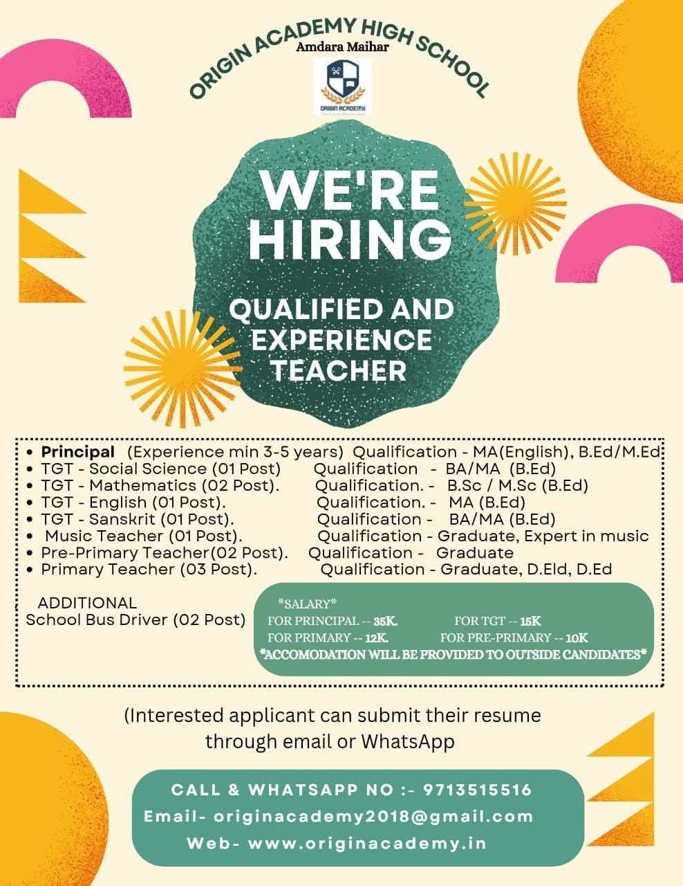 School Jobs at  Origin Academy High School ,  Satna